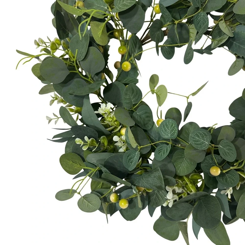 Artificial Eucalyptus Wreath Greenery Green Berries and White Flowers 18 Inch